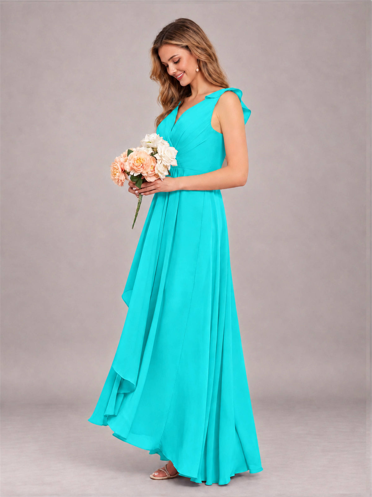 Turquoise Modern V-Neck Sleeveless Ruffles Floor Length Bridesmaid Dress