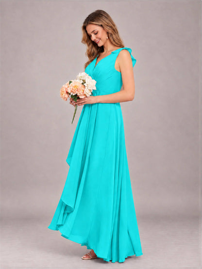 Turquoise Modern V-Neck Sleeveless Ruffles Floor Length Bridesmaid Dress