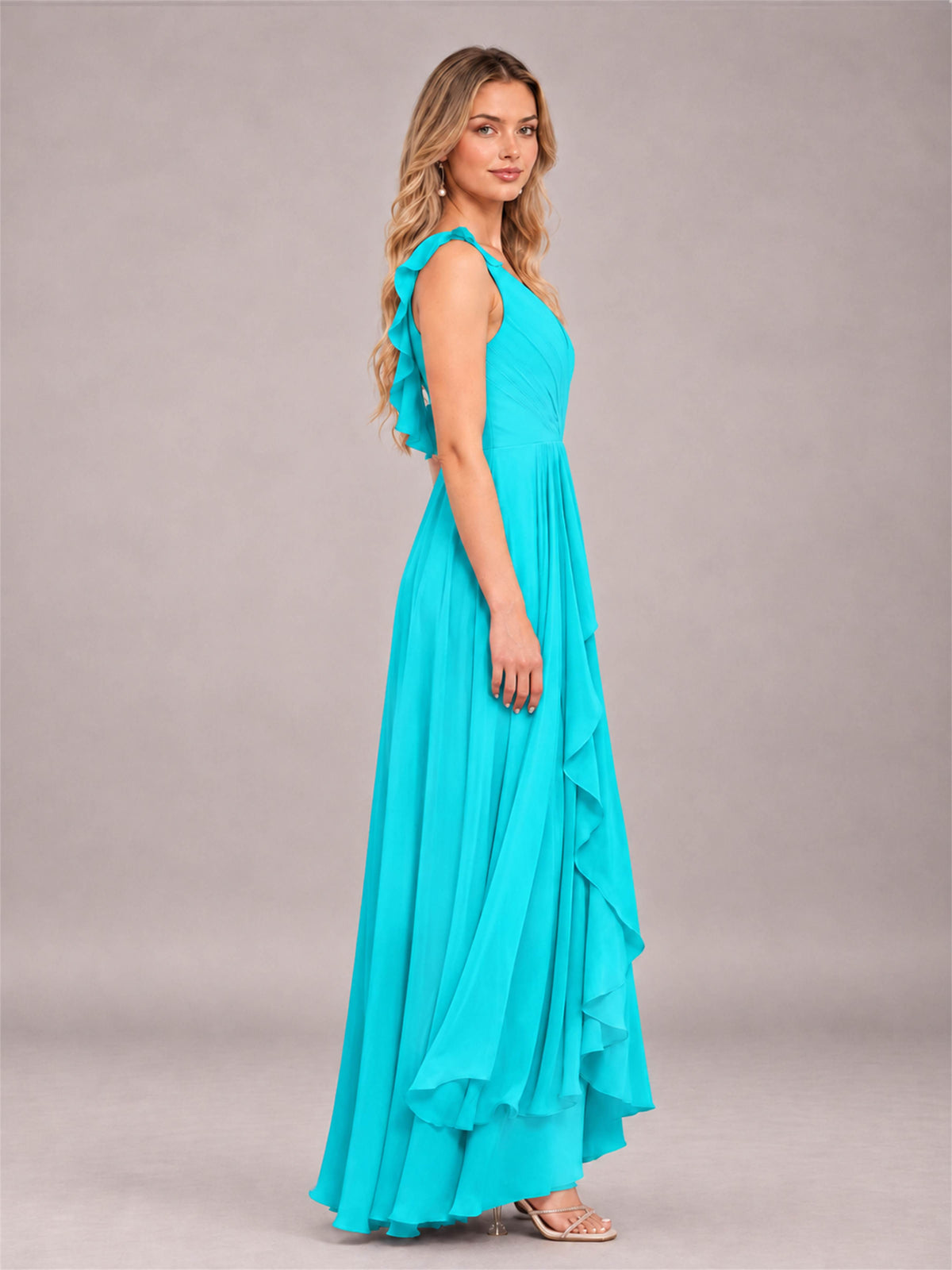 Turquoise Modern V-Neck Sleeveless Ruffles Floor Length Bridesmaid Dress