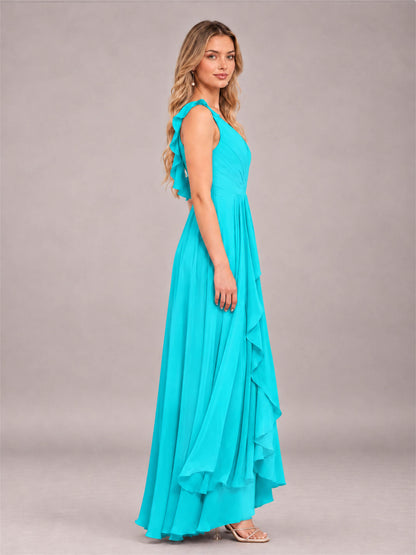 Turquoise Modern V-Neck Sleeveless Ruffles Floor Length Bridesmaid Dress