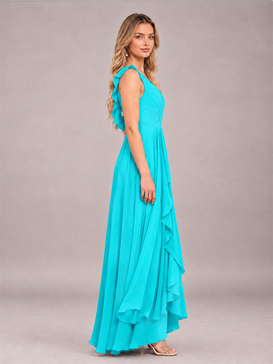 Turquoise Modern V-Neck Sleeveless Ruffles Floor Length Bridesmaid Dress