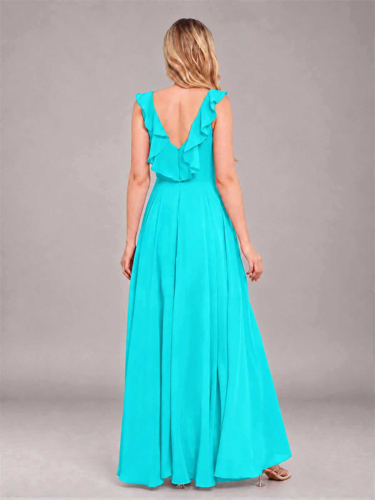 Turquoise Modern V-Neck Sleeveless Ruffles Floor Length Bridesmaid Dress