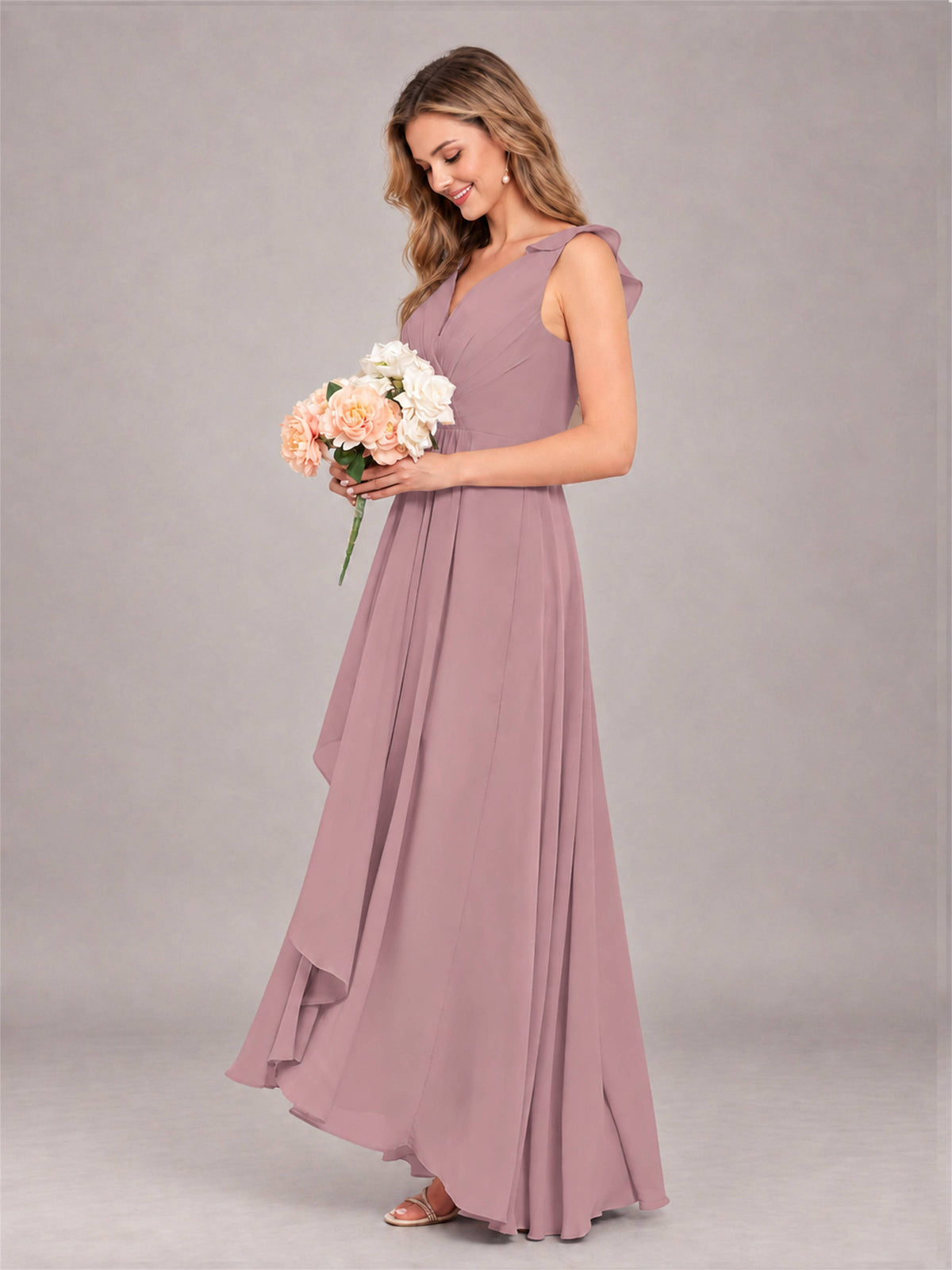 Vintage Mauve Modern V-Neck Sleeveless Ruffles Floor Length Bridesmaid Dress