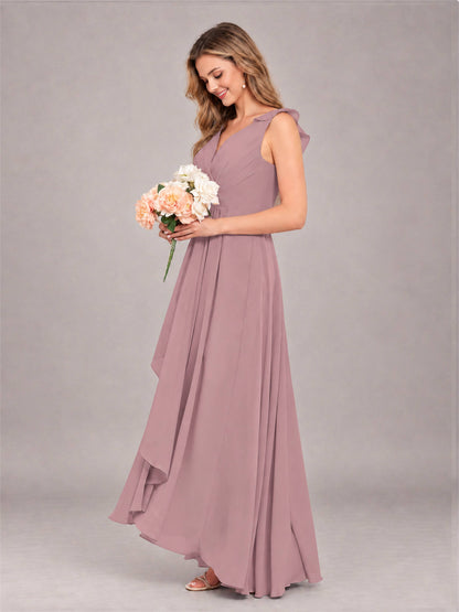 Vintage Mauve Modern V-Neck Sleeveless Ruffles Floor Length Bridesmaid Dress
