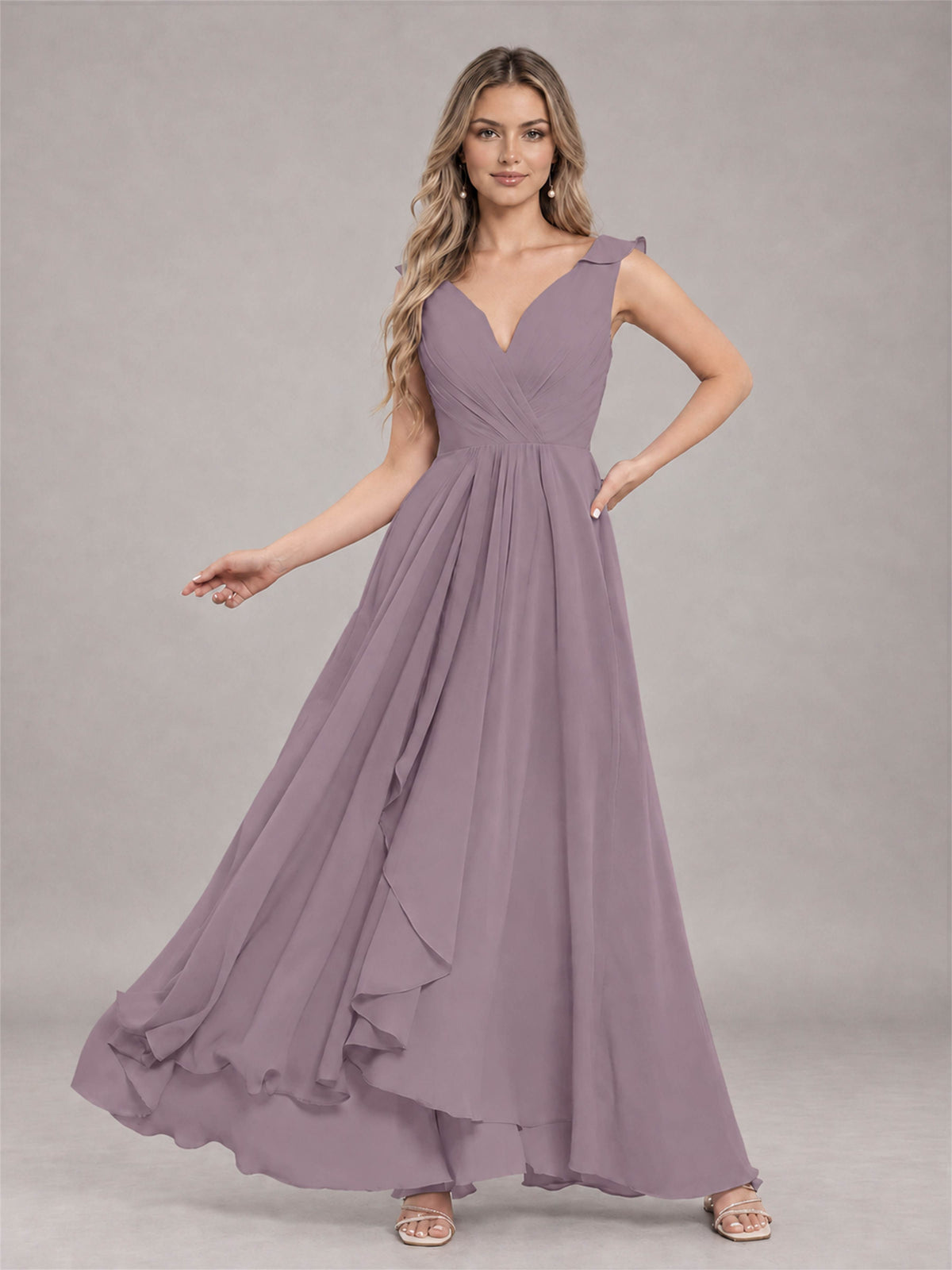 Wisteria Modern V-Neck Sleeveless Ruffles Floor Length Bridesmaid Dress