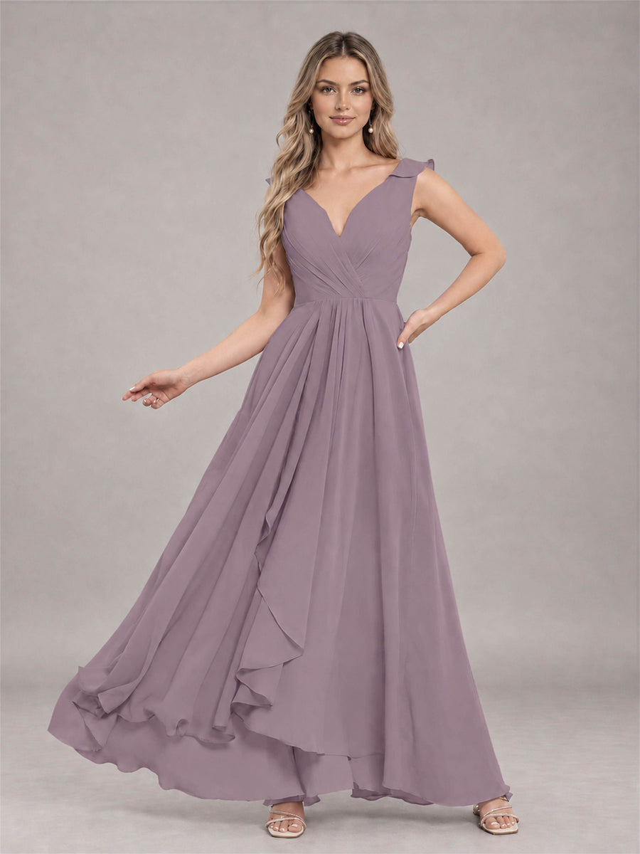 Wisteria Modern V-Neck Sleeveless Ruffles Floor Length Bridesmaid Dress