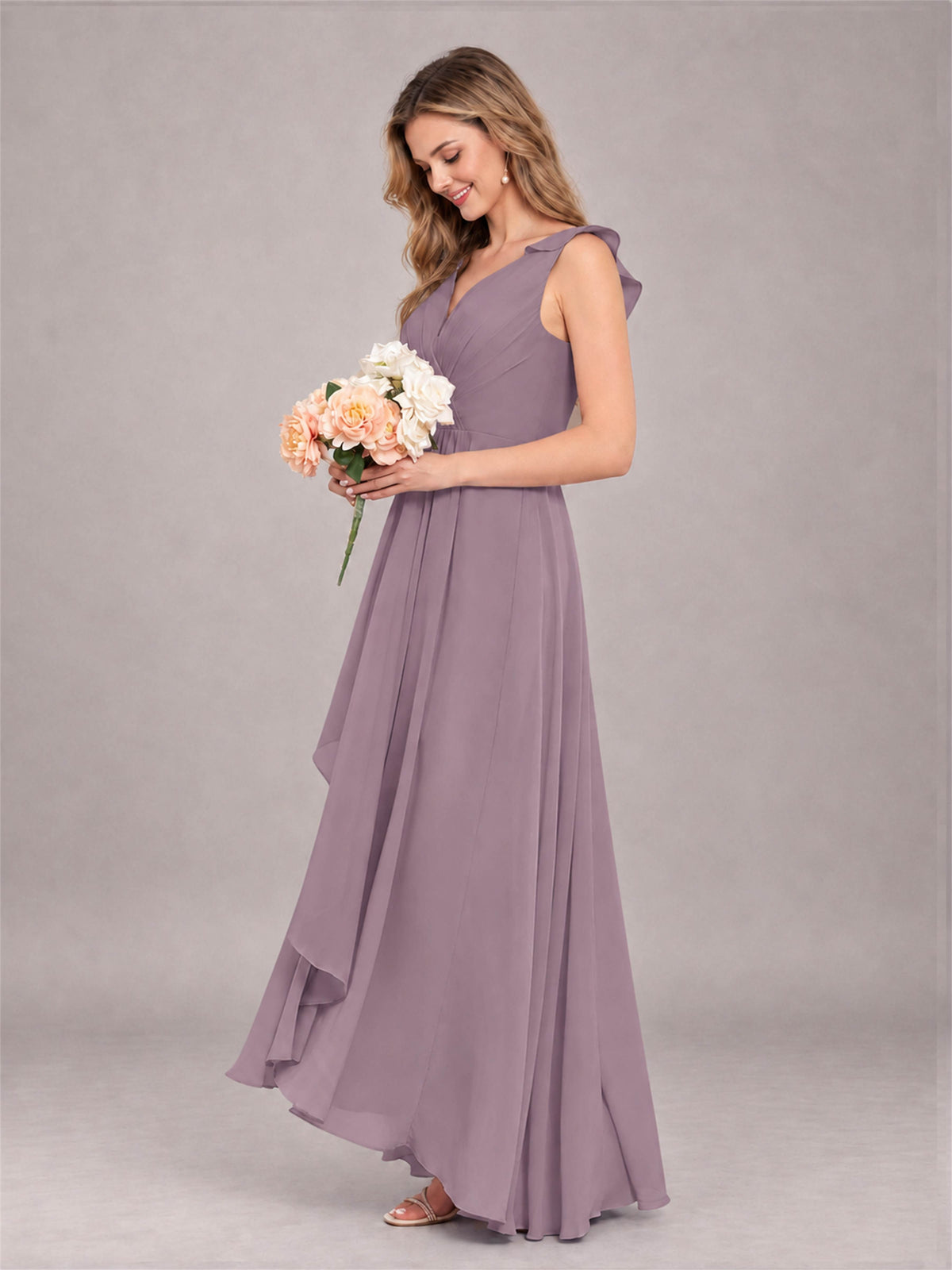 Wisteria Modern V-Neck Sleeveless Ruffles Floor Length Bridesmaid Dress