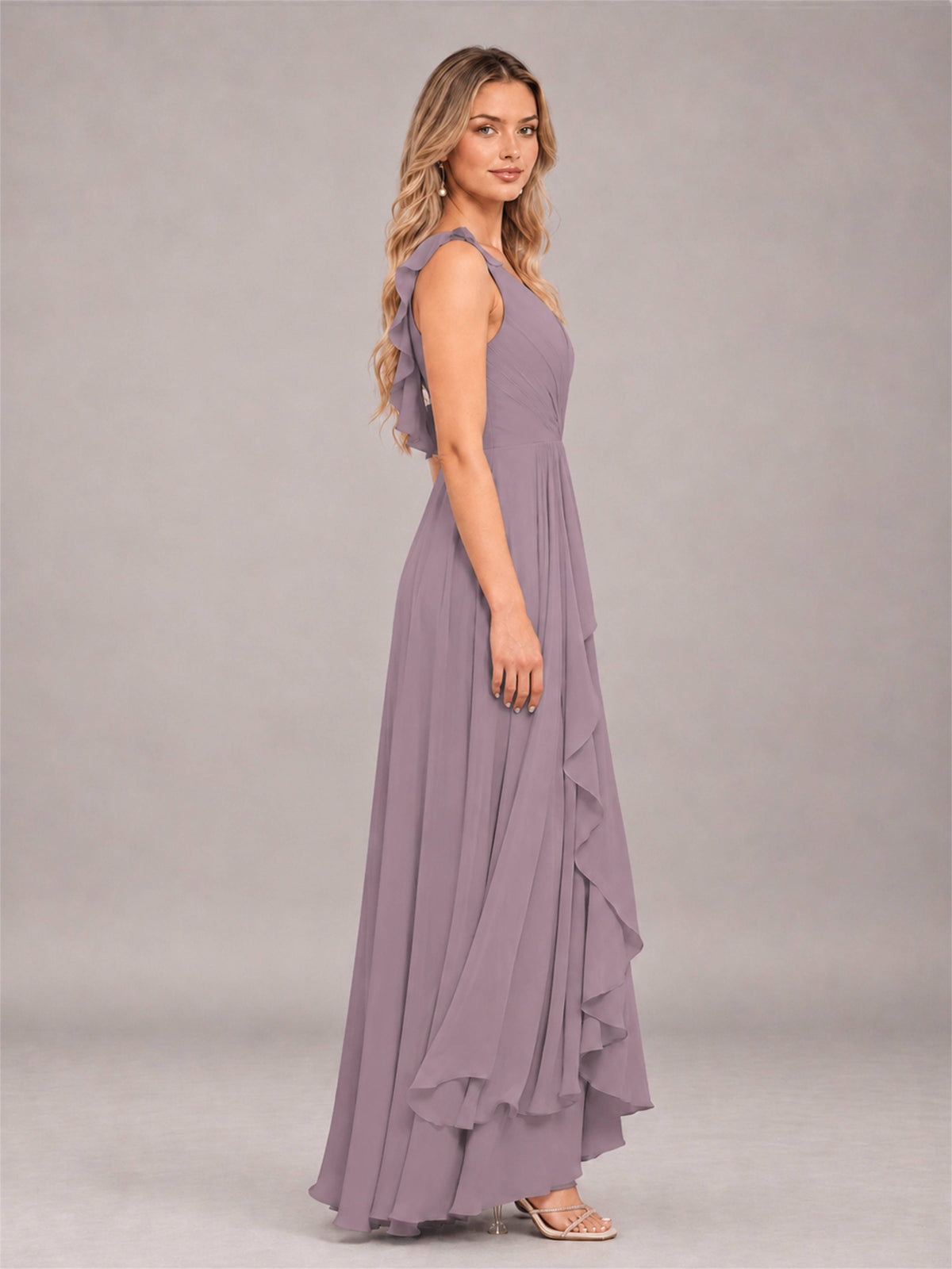 Wisteria Modern V-Neck Sleeveless Ruffles Floor Length Bridesmaid Dress