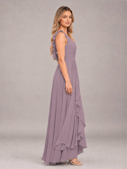 Wisteria Modern V-Neck Sleeveless Ruffles Floor Length Bridesmaid Dress
