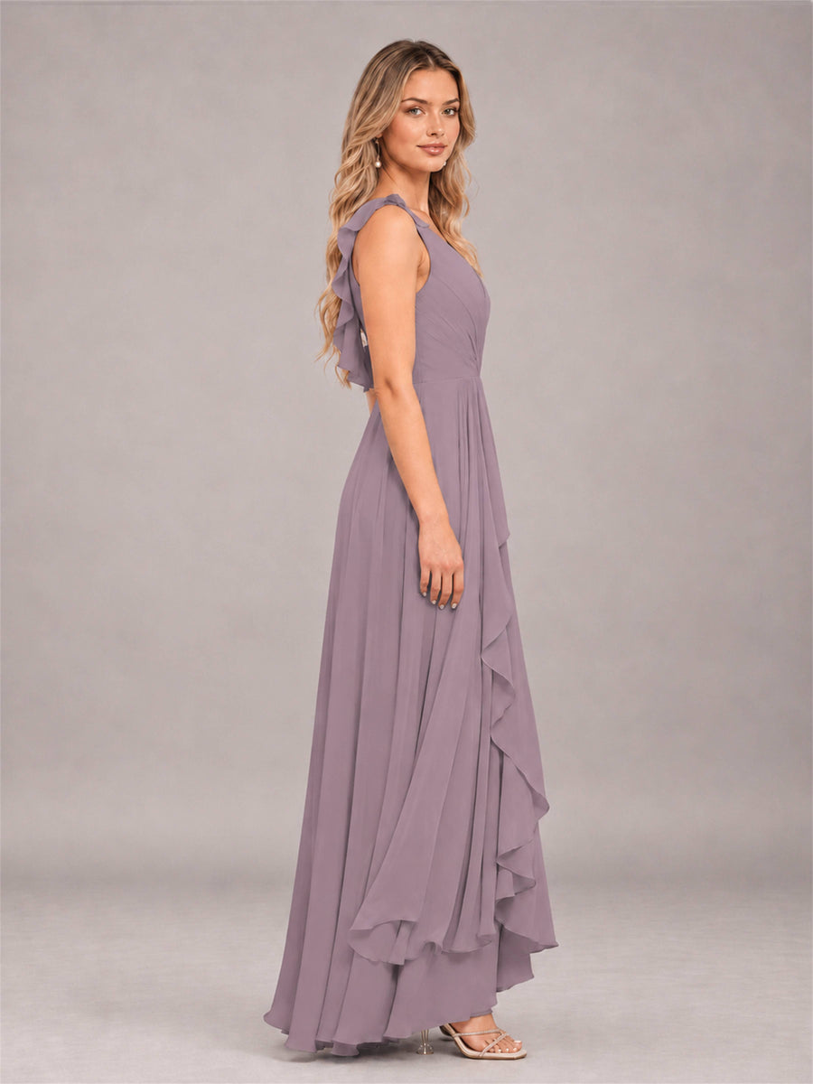 Wisteria Modern V-Neck Sleeveless Ruffles Floor Length Bridesmaid Dress