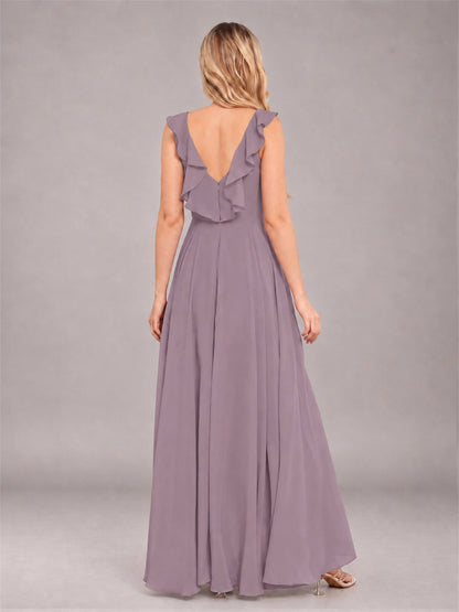 Wisteria Modern V-Neck Sleeveless Ruffles Floor Length Bridesmaid Dress