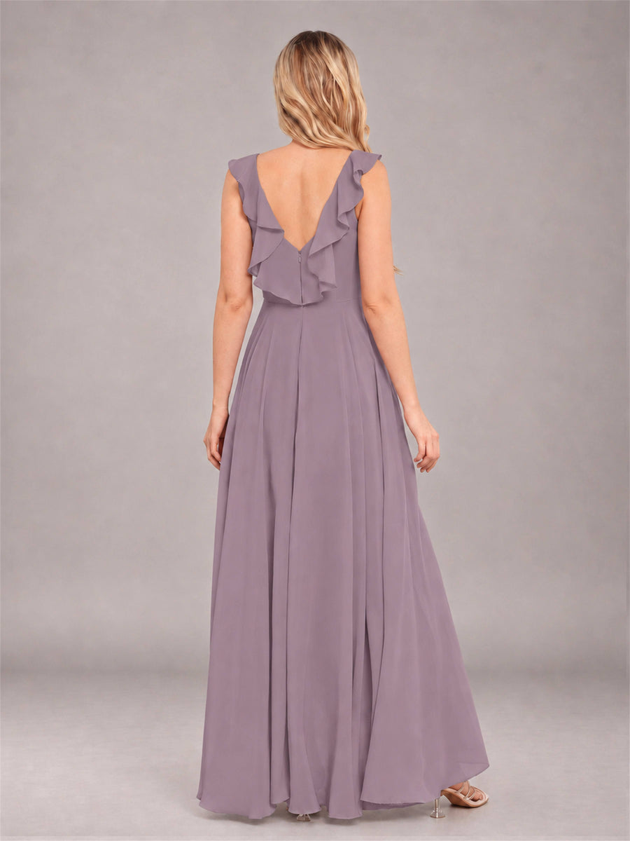 Wisteria Modern V-Neck Sleeveless Ruffles Floor Length Bridesmaid Dress