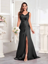 Modern V-Neck Sleeveless Slit Sweep Train Satin Formal Party Dresses