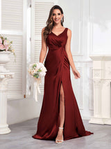 Modern V-Neck Sleeveless Slit Sweep Train Satin Formal Party Dresses