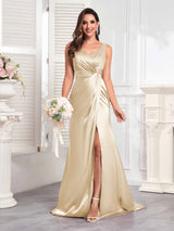 Modern V-Neck Sleeveless Slit Sweep Train Satin Formal Party Dresses
