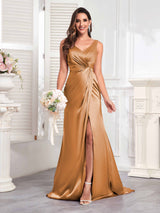Modern V-Neck Sleeveless Slit Sweep Train Satin Formal Party Dresses