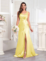 Modern V-Neck Sleeveless Slit Sweep Train Satin Formal Party Dresses