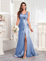 Modern V-Neck Sleeveless Slit Sweep Train Satin Formal Party Dresses