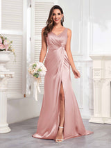 Modern V-Neck Sleeveless Slit Sweep Train Satin Formal Party Dresses