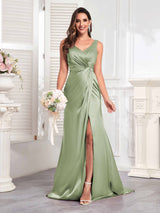 Modern V-Neck Sleeveless Slit Sweep Train Satin Formal Party Dresses