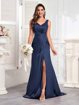 Modern V-Neck Sleeveless Slit Sweep Train Satin Formal Party Dresses