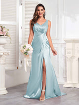 Modern V-Neck Sleeveless Slit Sweep Train Satin Formal Party Dresses