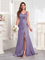 Modern V-Neck Sleeveless Slit Sweep Train Satin Formal Party Dresses
