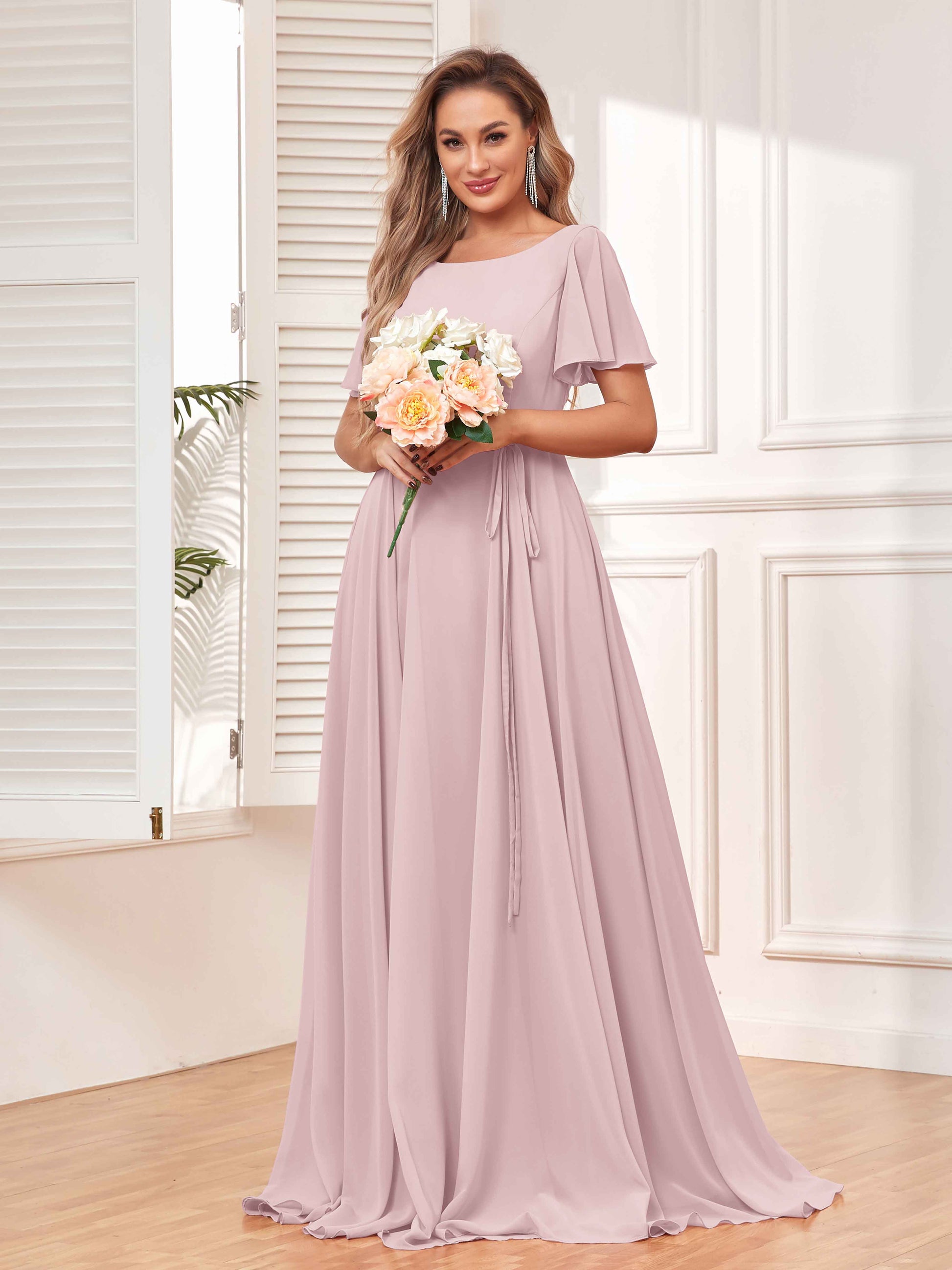 long pink chiffon bridesmaid dress Pink Plunging Neck Flutter Sleeve Chiffon A-line Slit Bridesmaid Dress