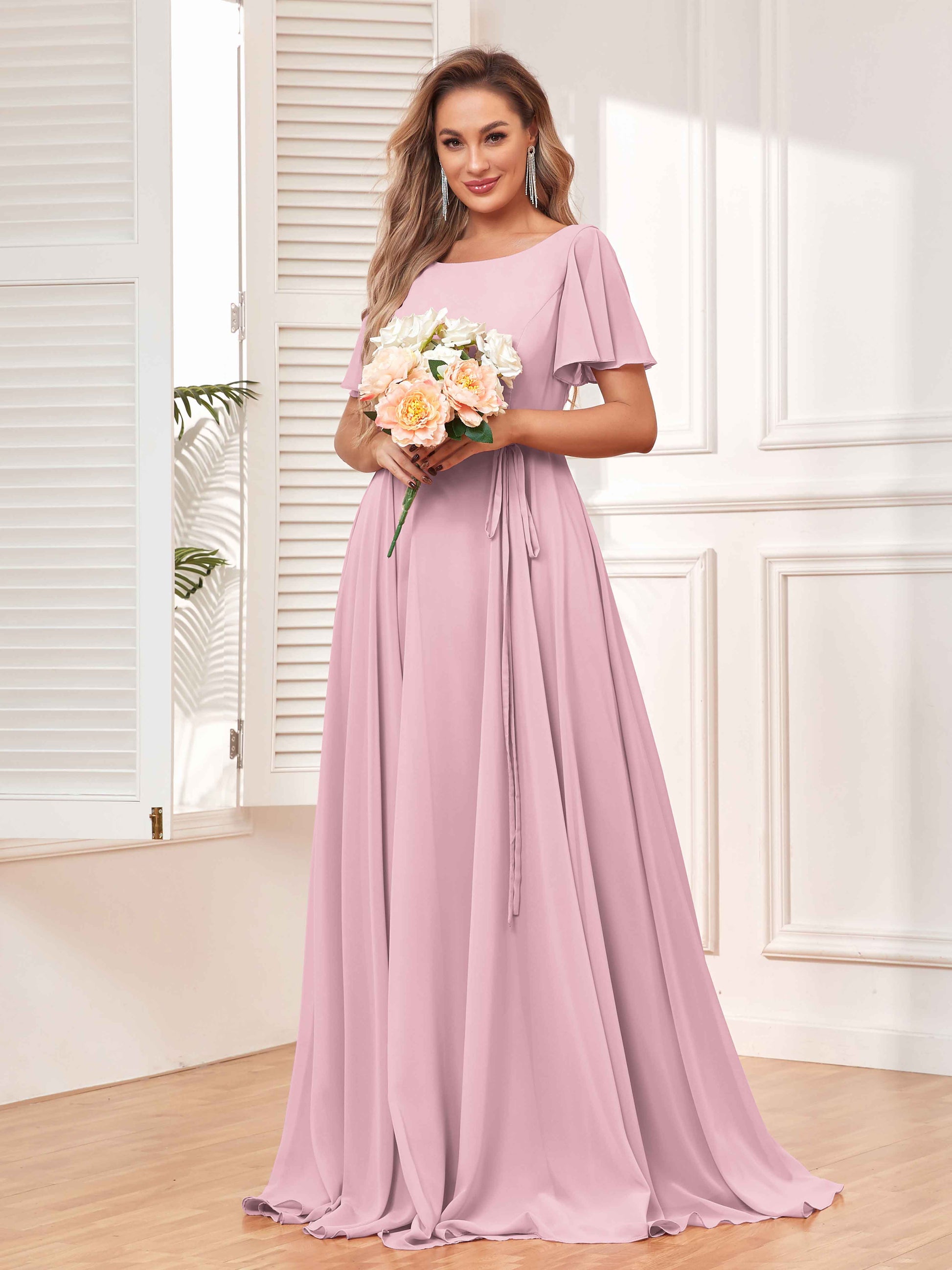 Modest A-Line Long Chiffon Bridesmaid Dresses With Pockets mollyevers.com Modest A-Line Long Chiffon Bridesmaid Dresses With Pockets mollyevers.com