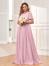 Modest A-Line Long Chiffon Bridesmaid Dresses With Pockets