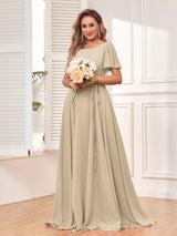 Modest A-Line Long Chiffon Bridesmaid Dresses With Pockets