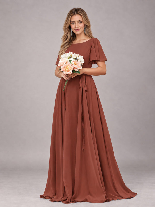Rust Modest A-Line Long Chiffon Bridesmaid Dress With Pockets