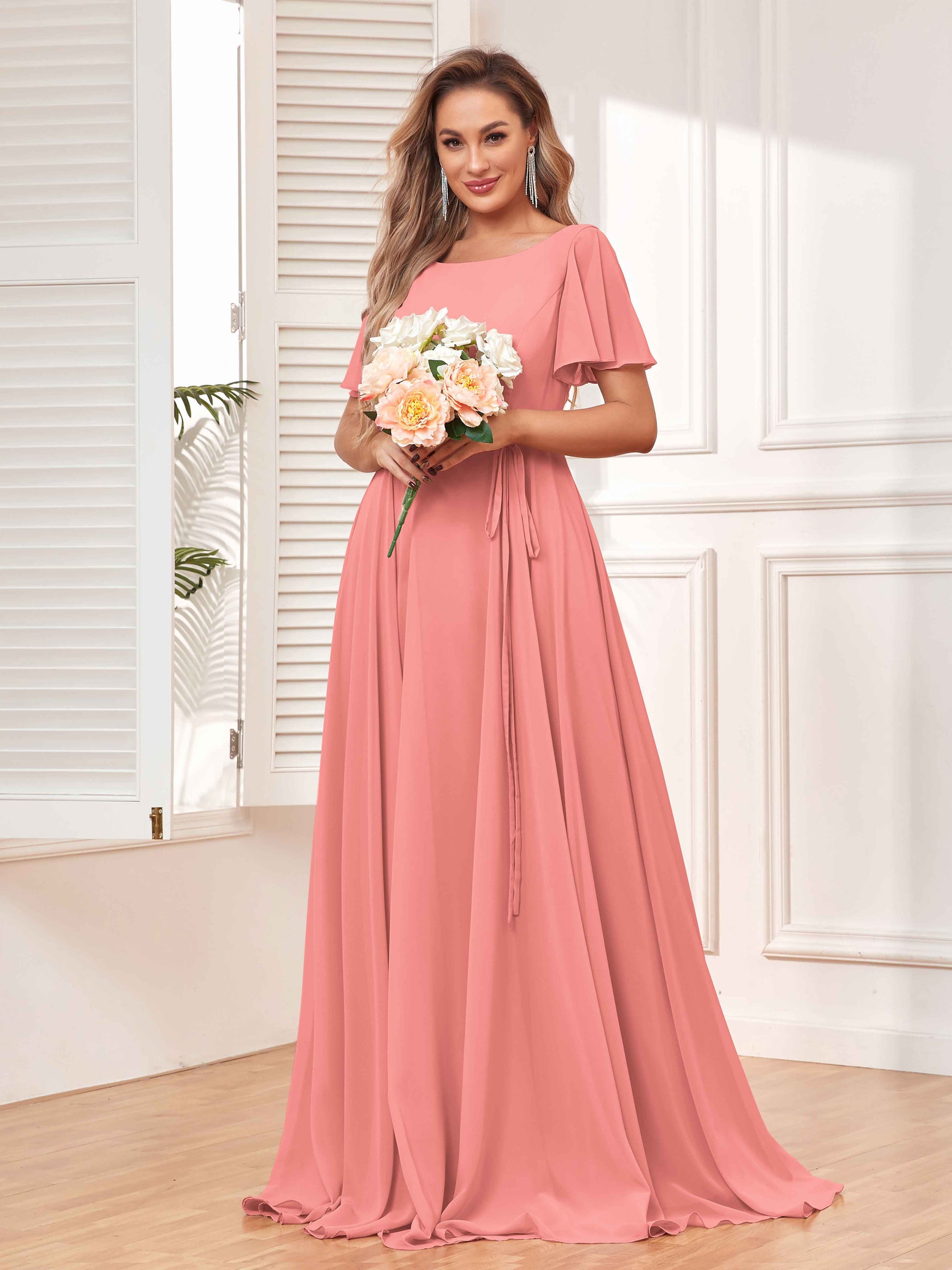 Modest A-Line Long Chiffon Bridesmaid Dresses With Pockets mollyevers.com Modest A-Line Long Chiffon Bridesmaid Dresses With Pockets mollyevers.com
