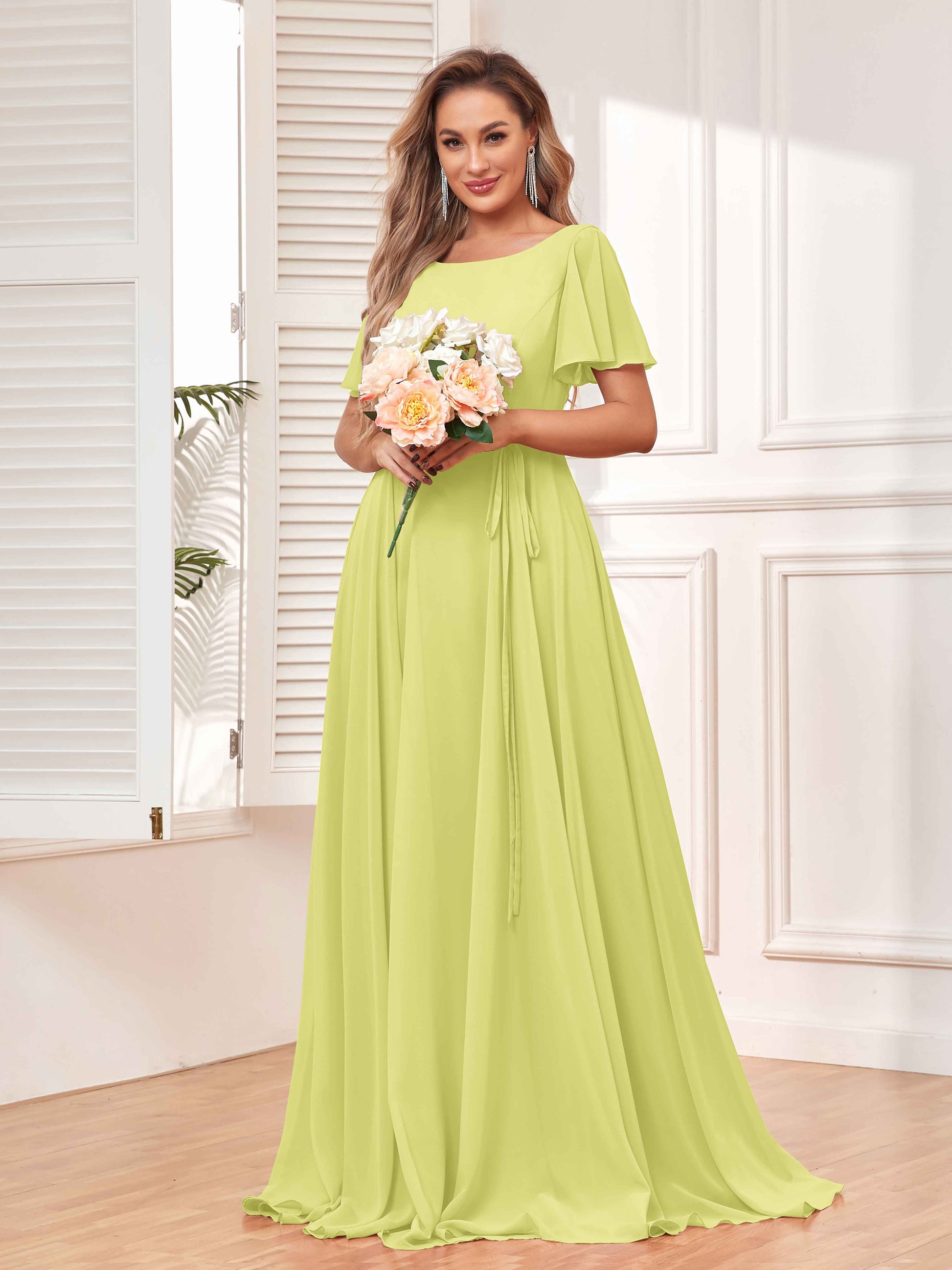 daffodil chiffon bridesmaid dresses Halter Sleeveless Daffodil Chiffon Bridesmaid Dress with Ruffles