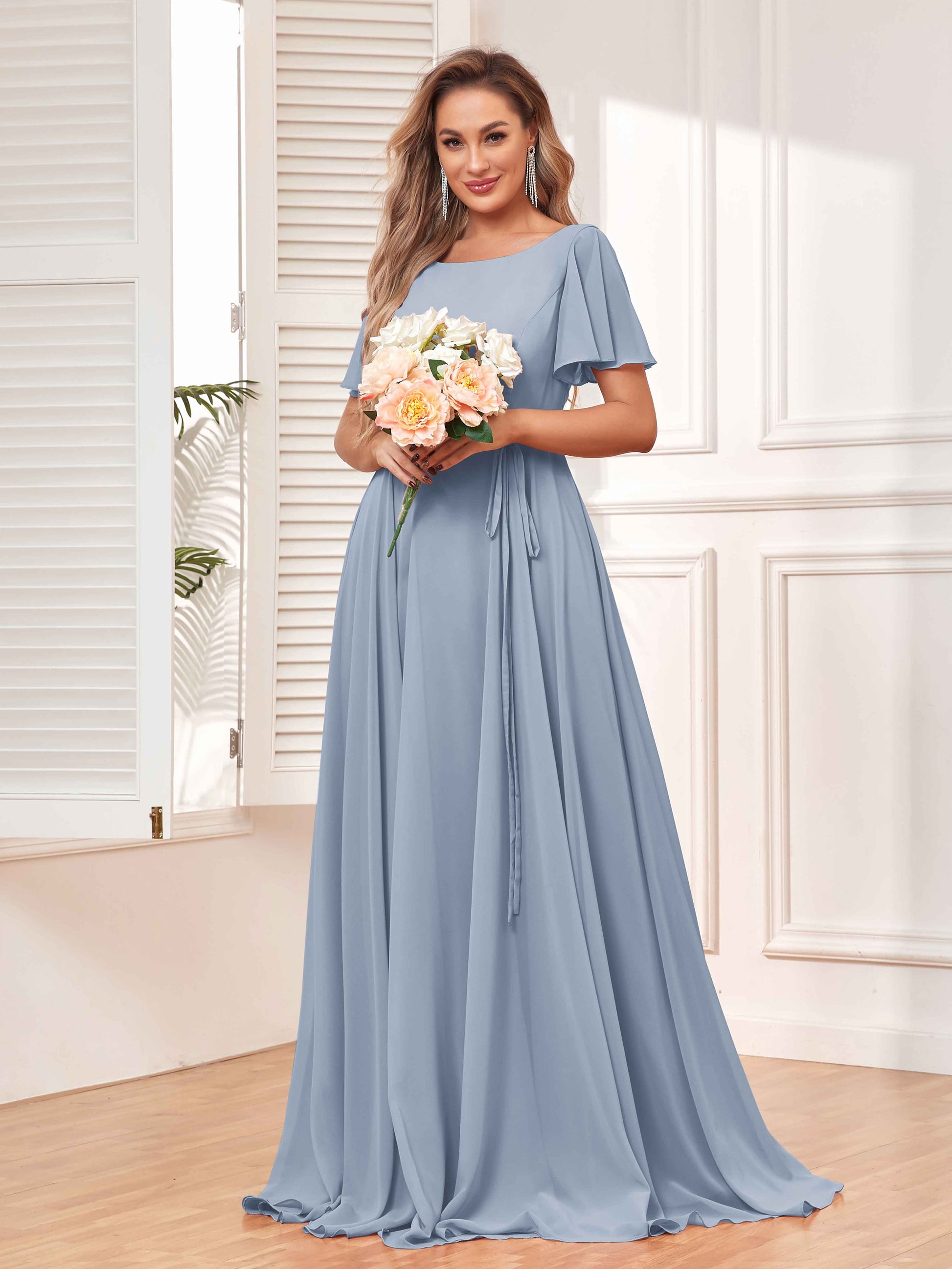 Modest A-Line Long Chiffon Bridesmaid Dresses With Pockets mollyevers.com Modest A-Line Long Chiffon Bridesmaid Dresses With Pockets mollyevers.com