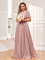 Modest A-Line Long Chiffon Bridesmaid Dresses With Pockets