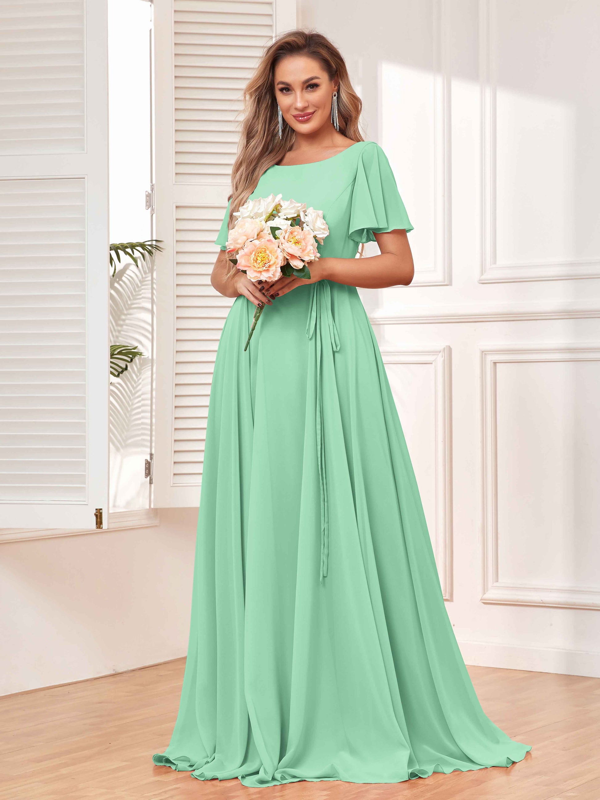 Modest A-Line Long Chiffon Bridesmaid Dresses With Pockets mollyevers.com Modest A-Line Long Chiffon Bridesmaid Dresses With Pockets mollyevers.com