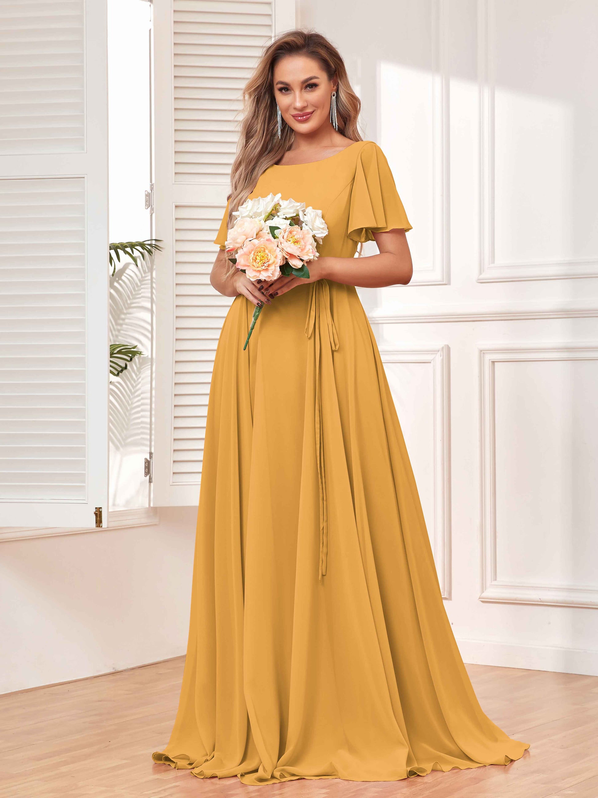 Modest A-Line Long Chiffon Bridesmaid Dresses With Pockets –