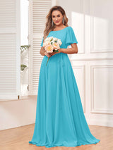 Modest A-Line Long Chiffon Bridesmaid Dresses With Pockets