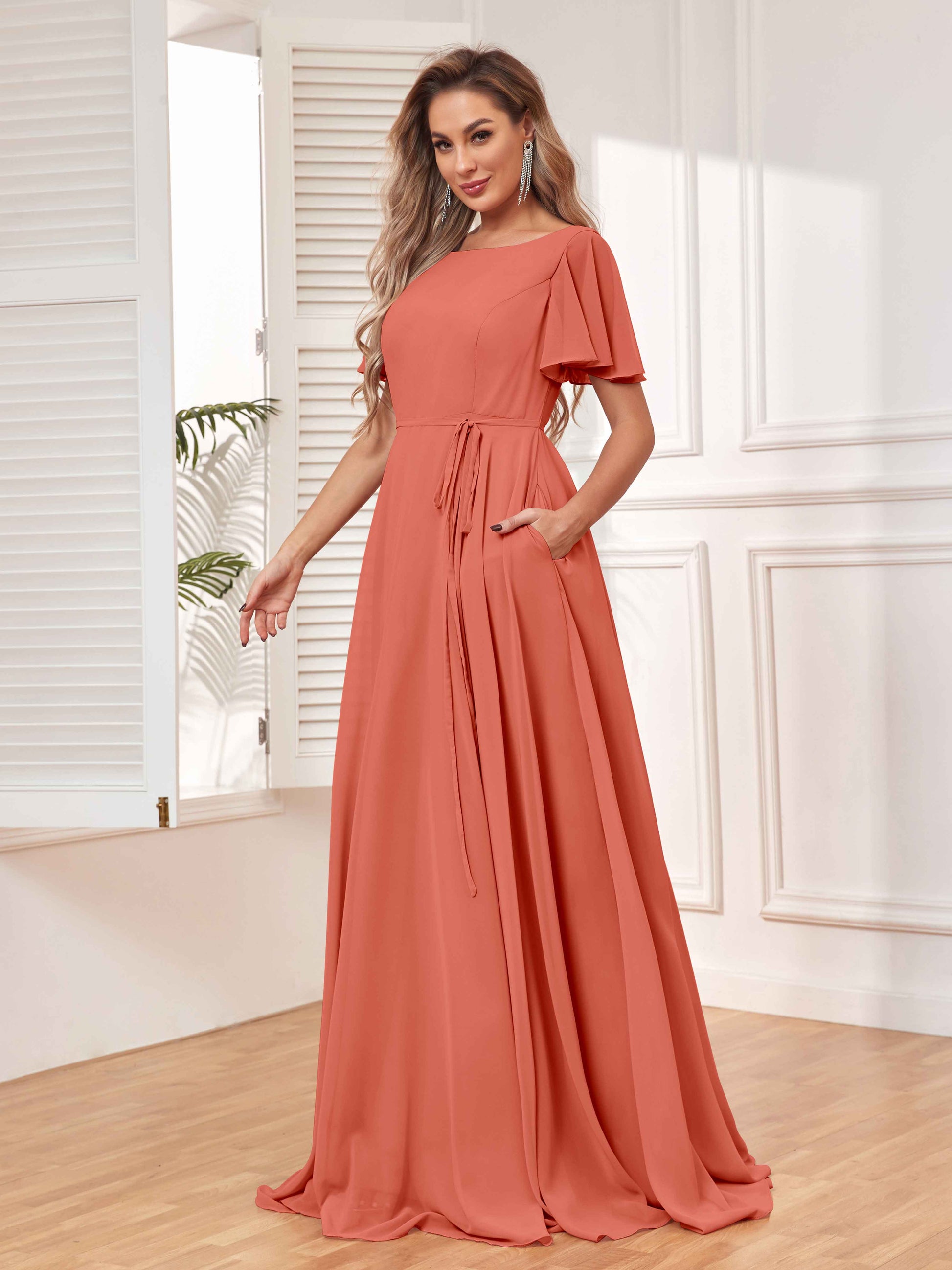 Modest A-Line Long Chiffon Bridesmaid Dresses With Pockets mollyevers.com Modest A-Line Long Chiffon Bridesmaid Dresses With Pockets mollyevers.com