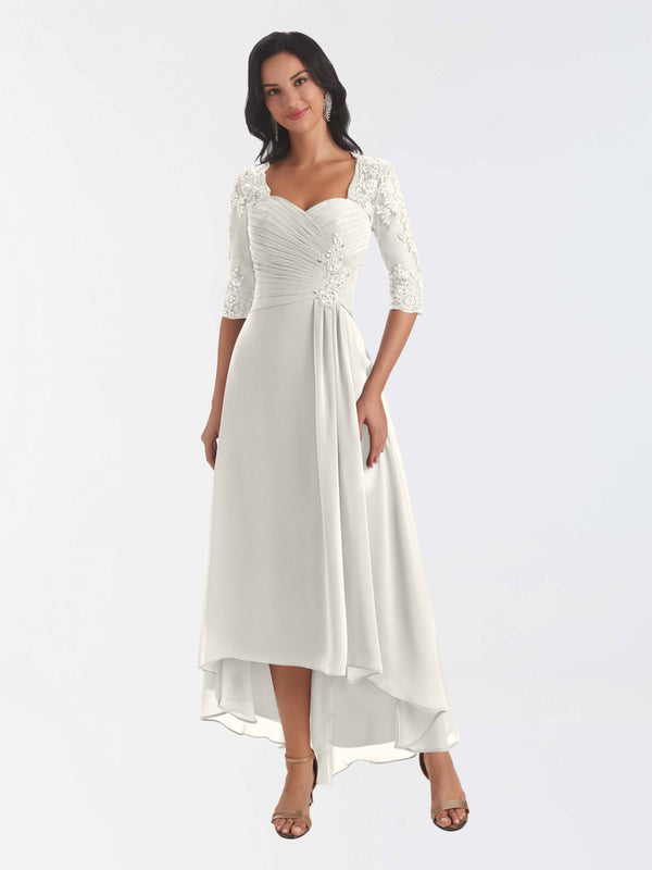 Ivory Modest Half Sleeves High Low Chiffon Lace Mother Of The Bride Dresses