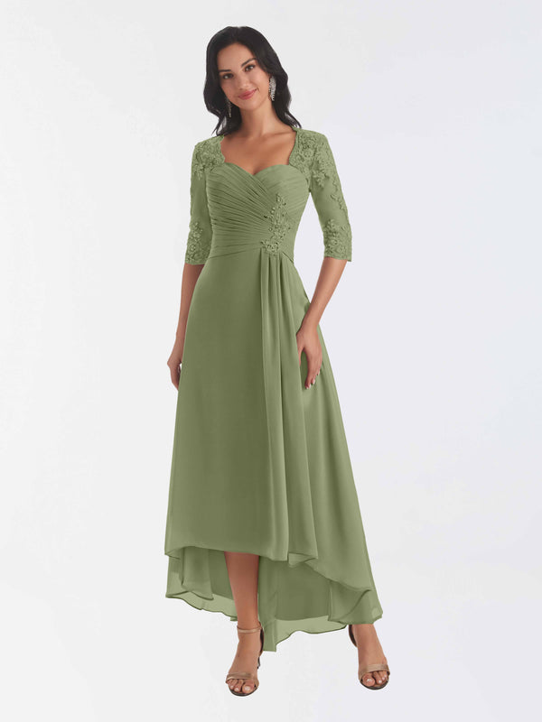 Olive Green Modest Half Sleeves High Low Chiffon Lace Mother Of The Bride Dresses