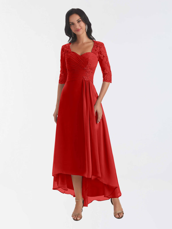 Red Modest Half Sleeves High Low Chiffon Lace Mother Of The Bride Dresses