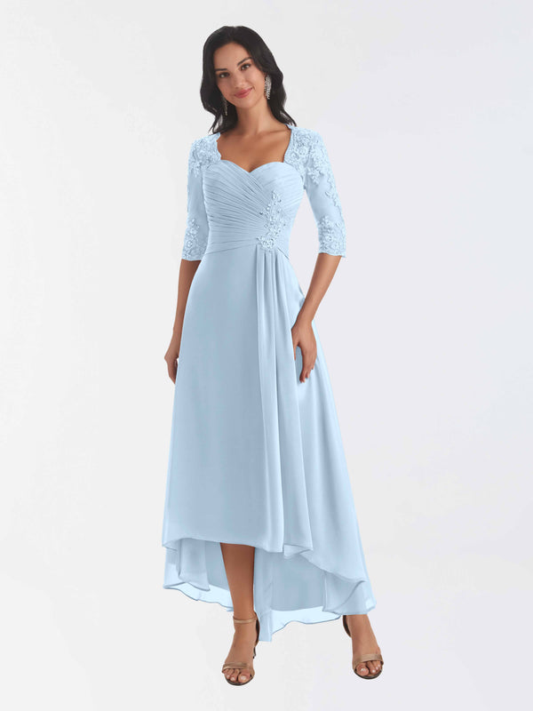 Sky Blue Modest Half Sleeves High Low Chiffon Lace Mother Of The Bride Dresses