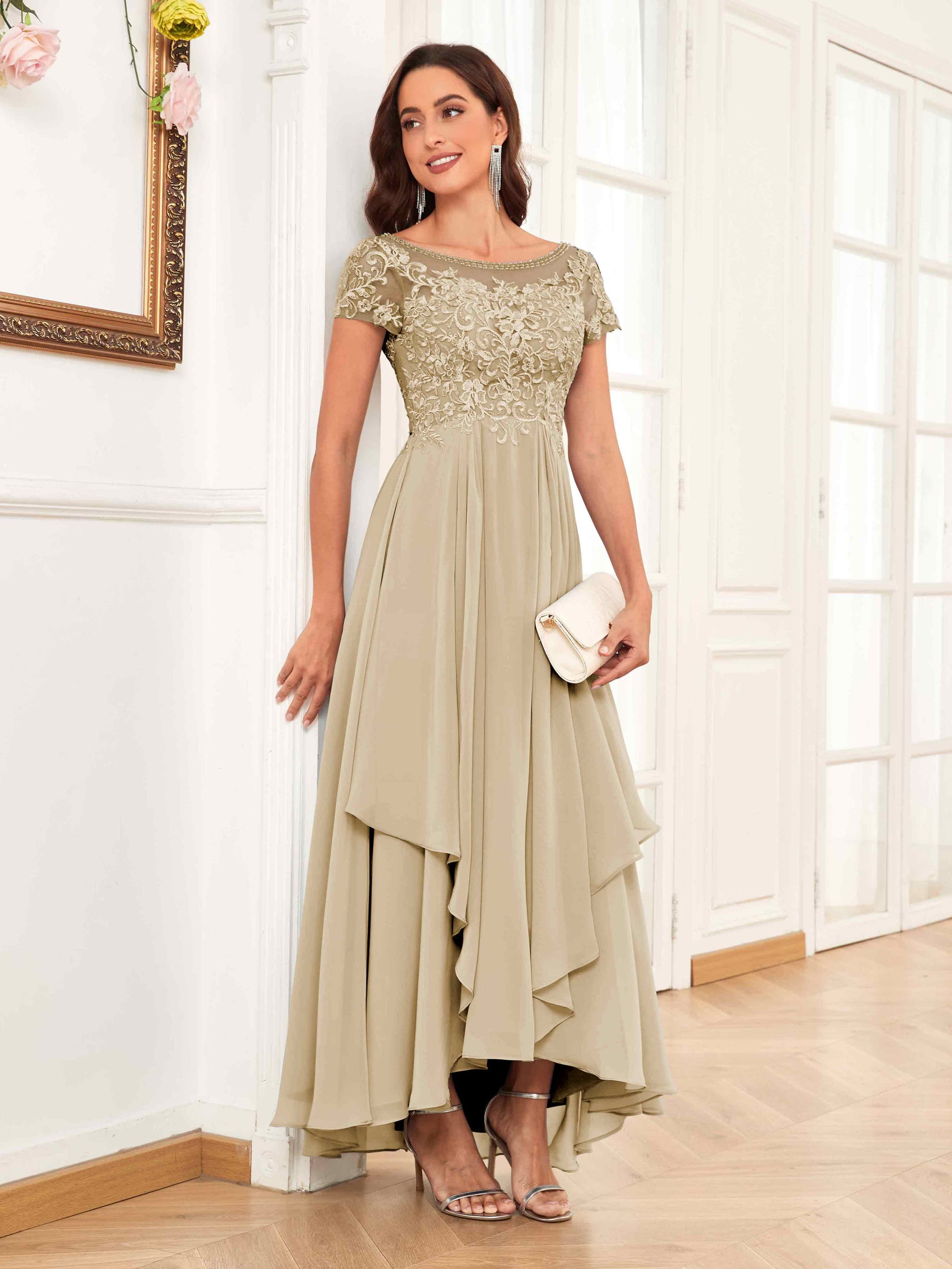 Modest Illusion Beading Asymmetrical Lace Mother Of The Bride Dresses mollyevers.com Modest Illusion Beading Asymmetrical Lace Mother Of The Bride Dresses mollyevers.com