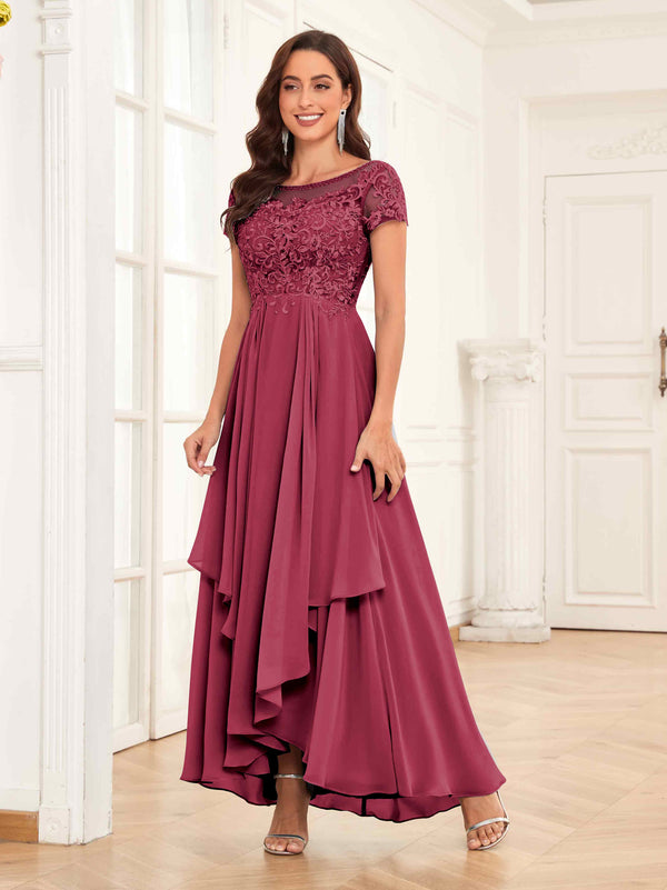 Cinnamon Rose Modest Illusion Beading Asymmetrical Lace Mother Of The Bride Dresses