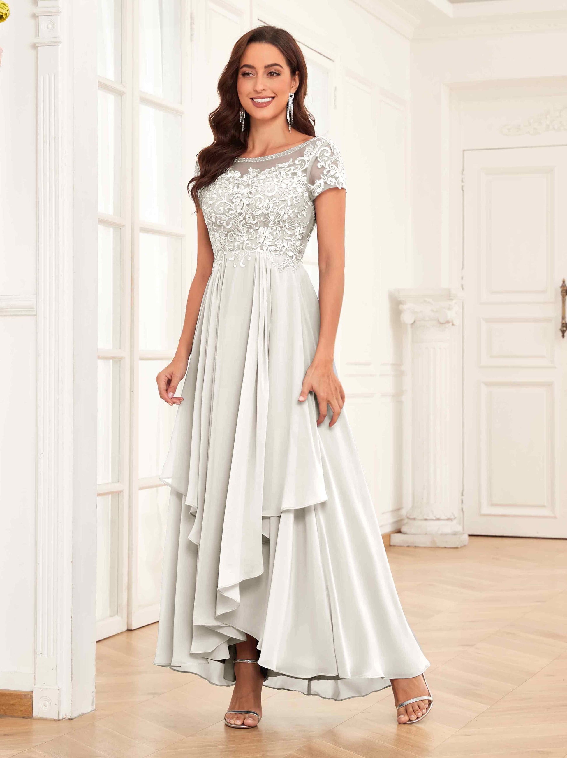 Modest Illusion Beading Asymmetrical Lace Mother Of The Bride Dresses mollyevers.com Modest Illusion Beading Asymmetrical Lace Mother Of The Bride Dresses mollyevers.com