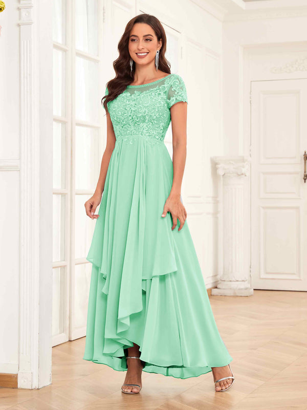 Mint Green Modest Illusion Beading Asymmetrical Lace Mother Of The Bride Dresses