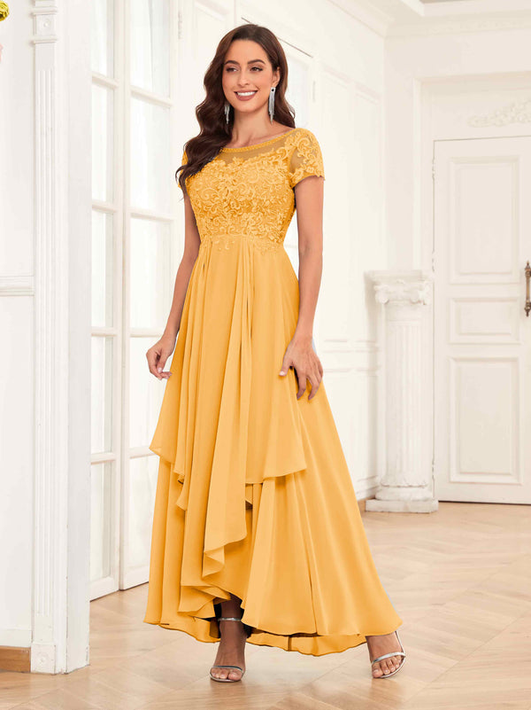 Mustard Modest Illusion Beading Asymmetrical Lace Mother Of The Bride Dresses