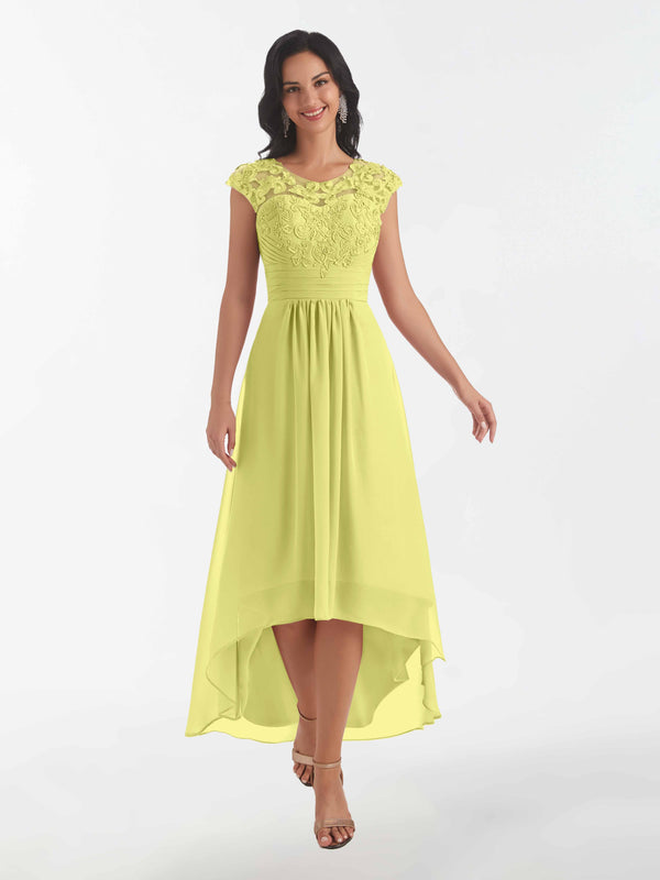 Daffodil Modest Illusion High Low Chiffon Lace Mother Of The Bride Dresses